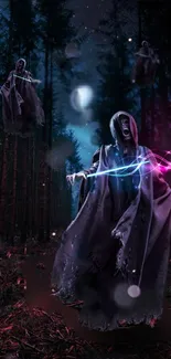 Dark, mystical forest with ghostly figures and vibrant light trails.