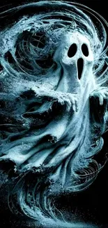 Eerie ghost with flowing cloak on dark background, perfect for spooky themes.