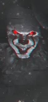 Haunting clown with glitch effect and red eyes on dark background.