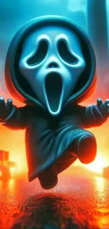 Cartoon ghost in a vibrant spooky setting with glowing effects.