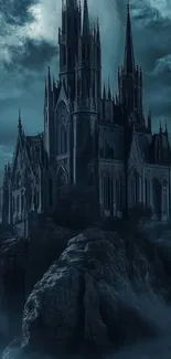 Gothic castle under moody clouds
