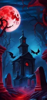 Gothic graveyard under red moon with bats and eerie trees.