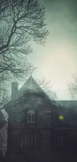 Gothic house silhouette with eerie trees against a foggy night sky.