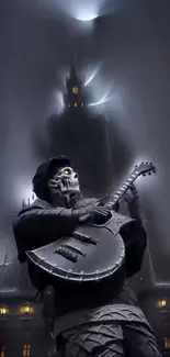 Gothic skeleton playing guitar in a dark eerie setting with a towering structure.