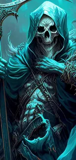 Grim Reaper in teal cloak, dark fantasy wallpaper.