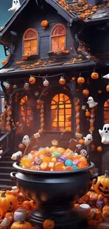 A spooky Halloween house with pumpkins and ghosts.