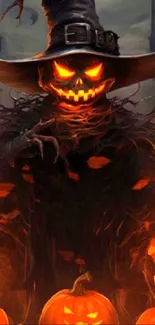 Spooky scarecrow and pumpkins Halloween wallpaper.