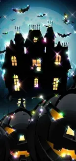 Spooky Halloween wallpaper with haunted house and glowing jack-o-lanterns.