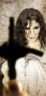 Eerie wallpaper with mysterious figure and cross in focus.