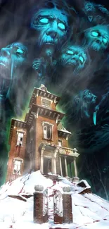 Eerie haunted mansion with ghostly apparitions in a chilling scene.