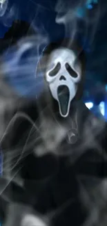 Eerie mask enveloped in mist on a dark background.