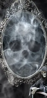 Spooky wallpaper with skull in smoky mirror.