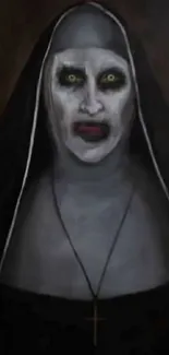 Chilling nun with dark, eerie eyes in a horror-themed wallpaper.