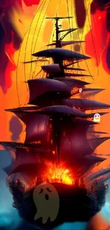 A ghostly pirate ship on fire with spectral figures and a crimson backdrop.