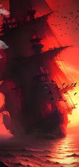 Haunting pirate ship sails into a fiery sunset, surrounded by silhouetted birds.