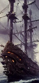 Eerie pirate ship on stormy ocean background.