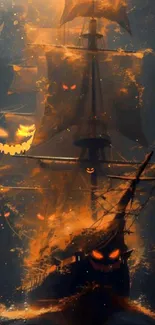 Eerie pirate ship on fire with ghostly faces in the darkness.