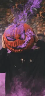 Pumpkin head with purple smoke in a dark forest setting.