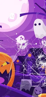 Halloween wallpaper with pumpkins and purple night sky.