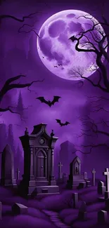 Purple night wallpaper with bats and cemetery, featuring a glowing full moon.