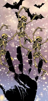 Spooky skeletons with bats in a purple night background.