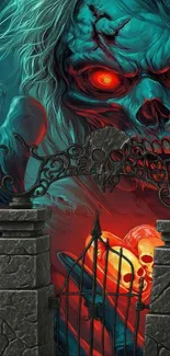 Spooky skull with fiery eyes behind ornate gate on mobile wallpaper.
