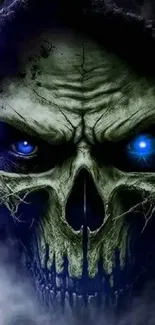 Haunting skull with glowing blue eyes in dark wallpaper.