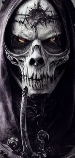 A haunting skull with a dark hood and glowing eyes in a gothic style.