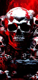 Skulls engulfed in vivid red flames, creating a haunting wallpaper.