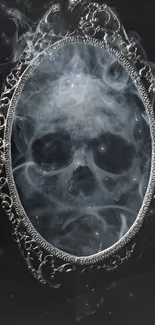 Dark smoke skull in ornate mirror, ideal for gothic mobile wallpaper.