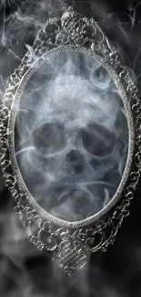 Gothic style mirror with smoke forming a skull on a dark background.