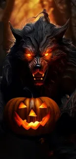 Halloween wallpaper with werewolf and glowing pumpkin.