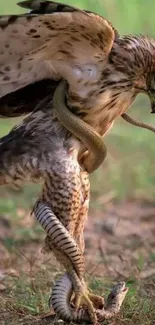 Hawk and snake battle in nature wallpaper.