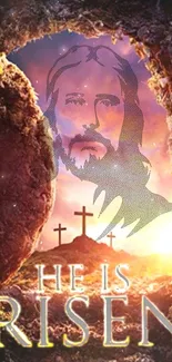 He is Risen wallpaper with sunrise and three crosses.