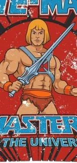 He-Man holding a sword with Masters of the Universe text and red backdrop.