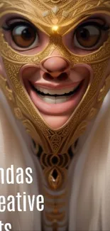 Mobile wallpaper of a woman with a golden ornate mask, smiling charmingly.