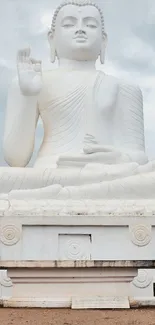 Serene white Buddha statue under a tranquil sky.