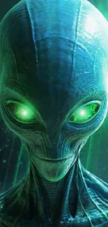 Alien with glowing green eyes in space