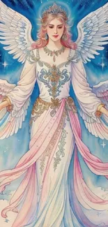 Ethereal angel in pastel hues with wings and ornate details in a celestial setting.