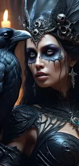 Gothic enchantress with raven companion in dark armor.