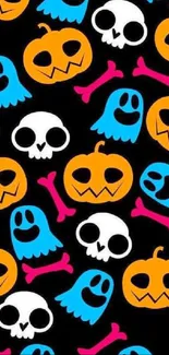 Colorful Halloween pattern with pumpkins, skulls, and ghosts on black.