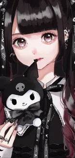 Gothic anime girl with plush toy and dark theme.