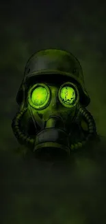 Neon green gas mask with glowing eyes on dark background for mobile wallpaper.