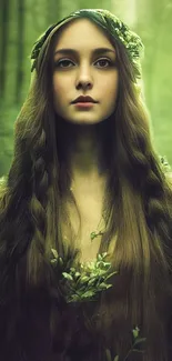 A mystical forest maiden with long flowing hair surrounded by lush greenery.