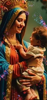 Religious image of a mother holding a child with colorful accents and vibrant details.