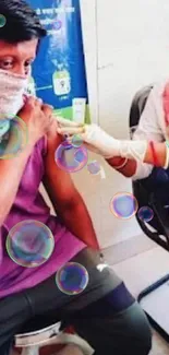 Healthcare worker giving a vaccine to a masked individual at a clinic.