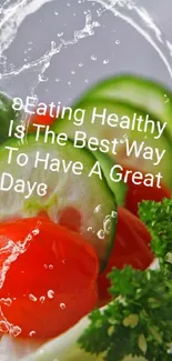 Fresh vegetables with water splash and healthy eating quote.