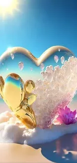 Heart-shaped crystal on a sunny beach.