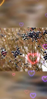 Close-up of berries with neon heart accents in a blurred woodland scene.