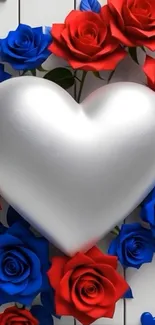 Silver heart with red and blue roses wallpaper
